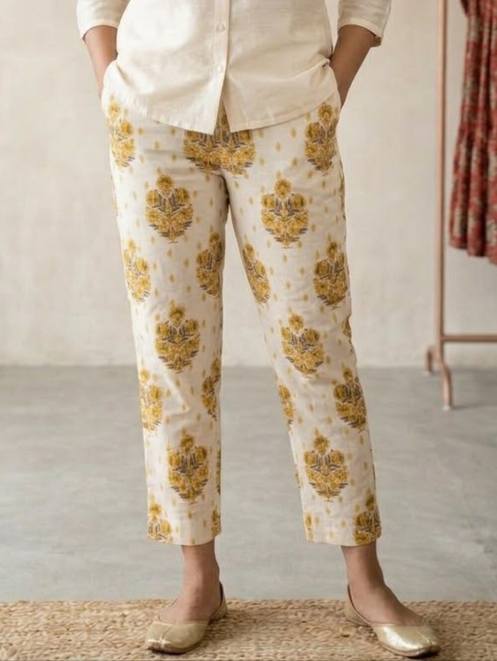 Women's Cotton Yellow Floral Pants